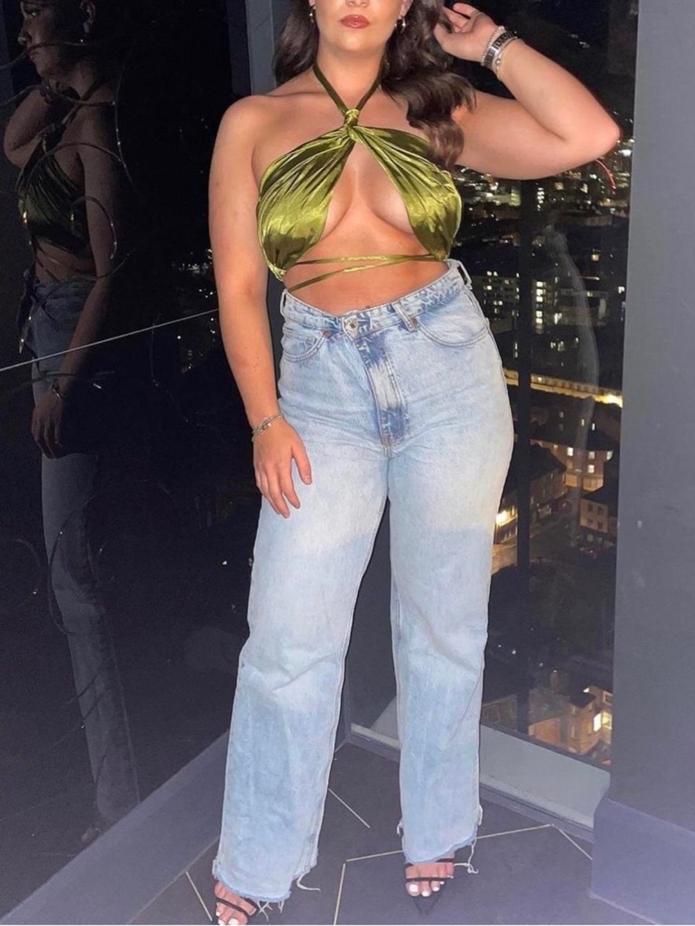 Oh Polly Olive Green Satin Halter Tie Crop Top